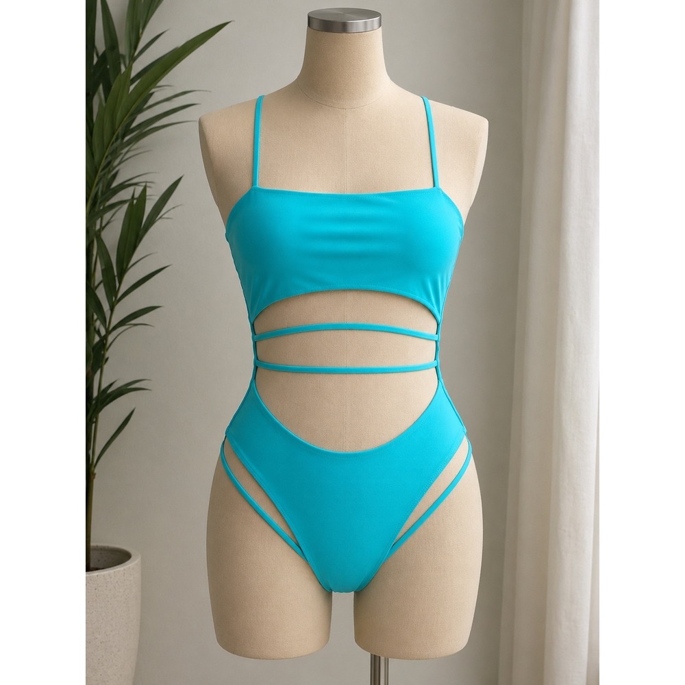 Turquoise Swimsuit High Cut One Piece Strappy Monokini Bodysuit Medium